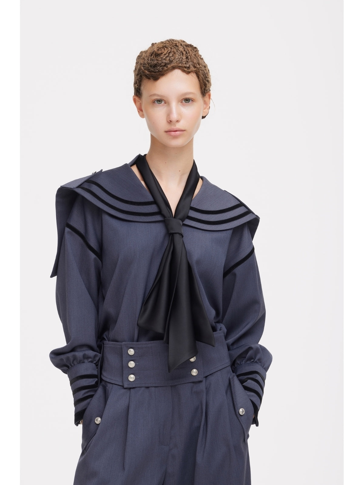 Contrast Piping Sailor Collar Tie Front Blouse | Grey Blue