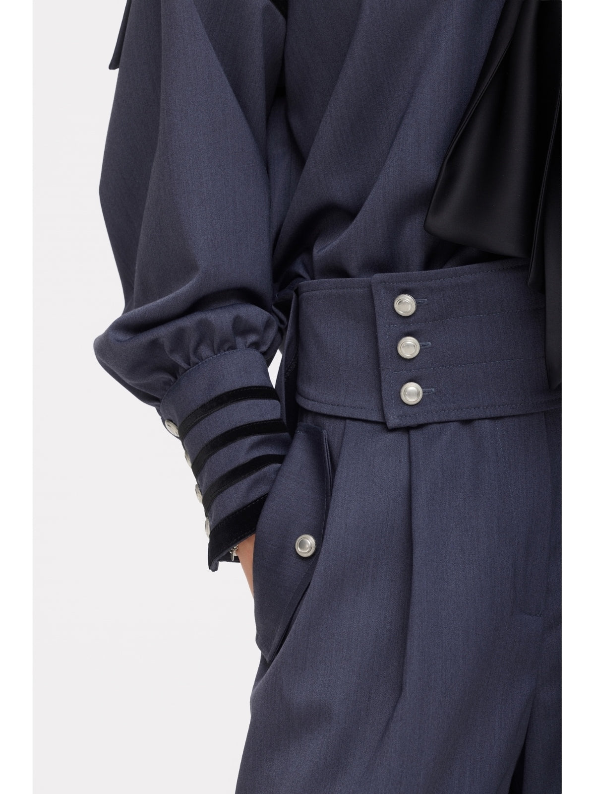 Contrast Piping Sailor Collar Tie Front Blouse | Grey Blue