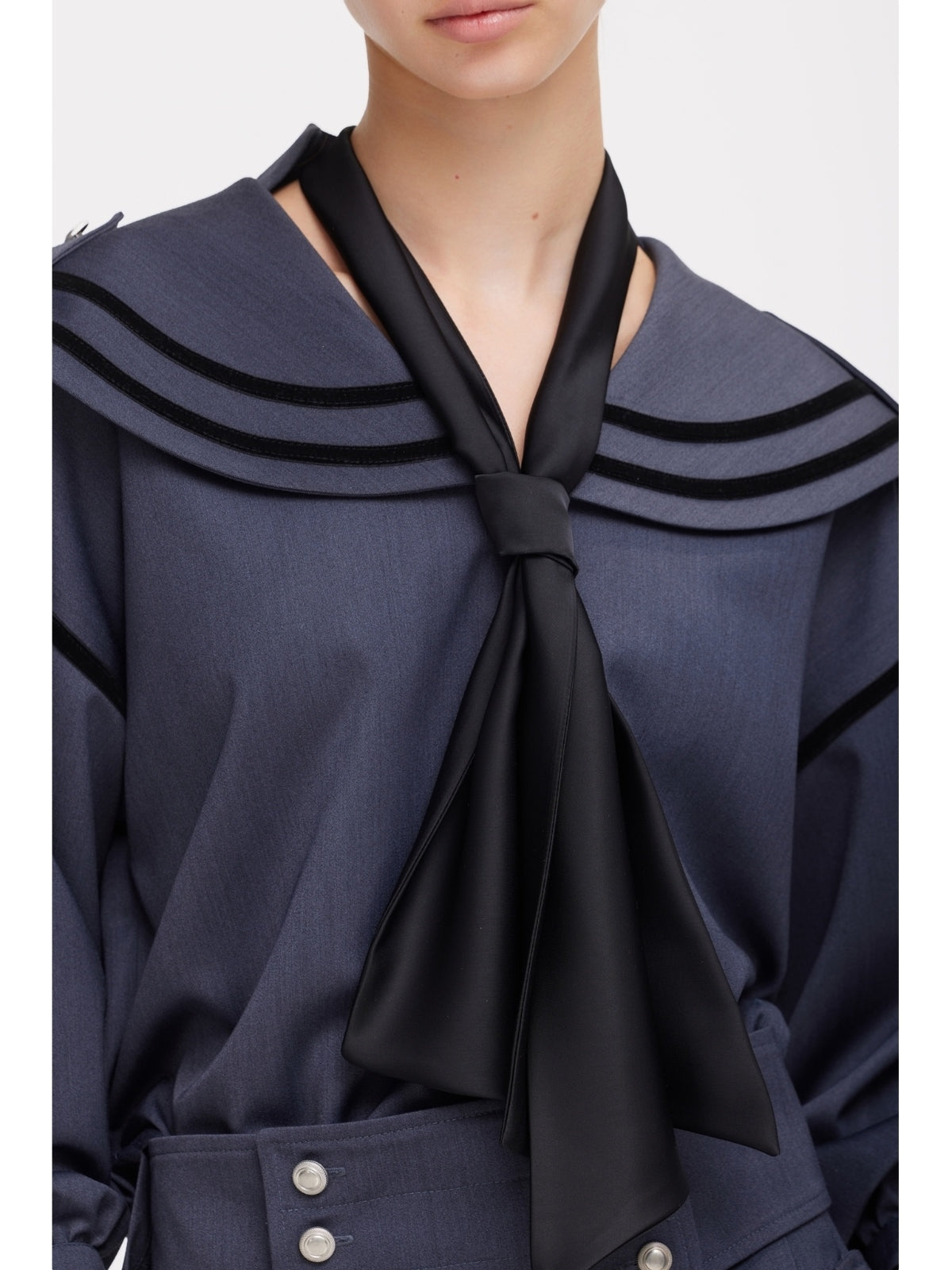 Contrast Piping Sailor Collar Tie Front Blouse | Grey Blue
