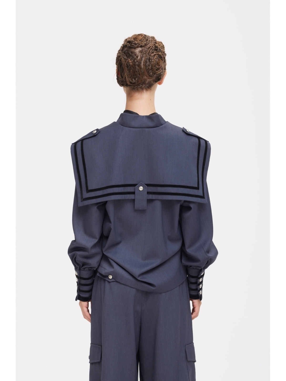 Contrast Piping Sailor Collar Tie Front Blouse | Grey Blue
