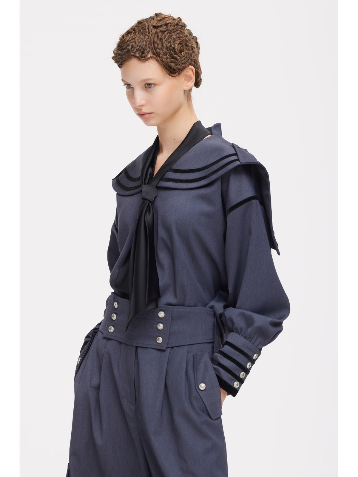 Contrast Piping Sailor Collar Tie Front Blouse | Grey Blue