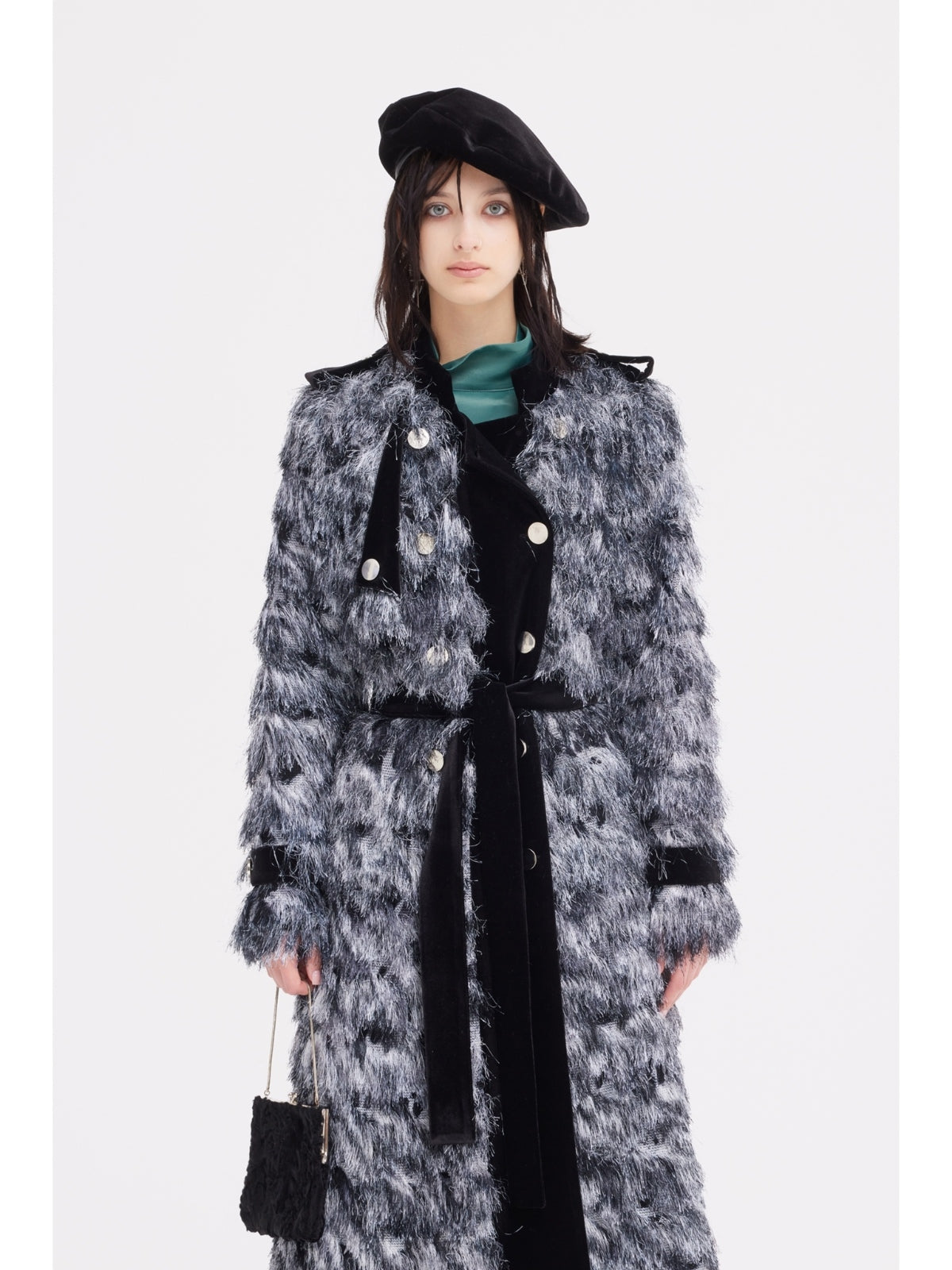 JULIA ALLERT charcoal grey velvet-detail long coat worn by model with black beret, buy at DOORS NYC