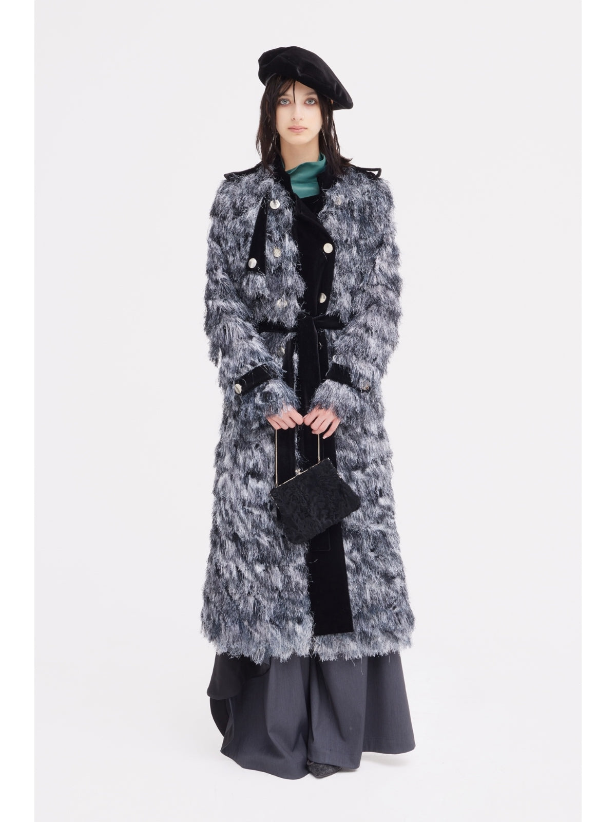 JULIA ALLERT long textured coat styled with grey skirt, full-length look, buy at DOORS NYC