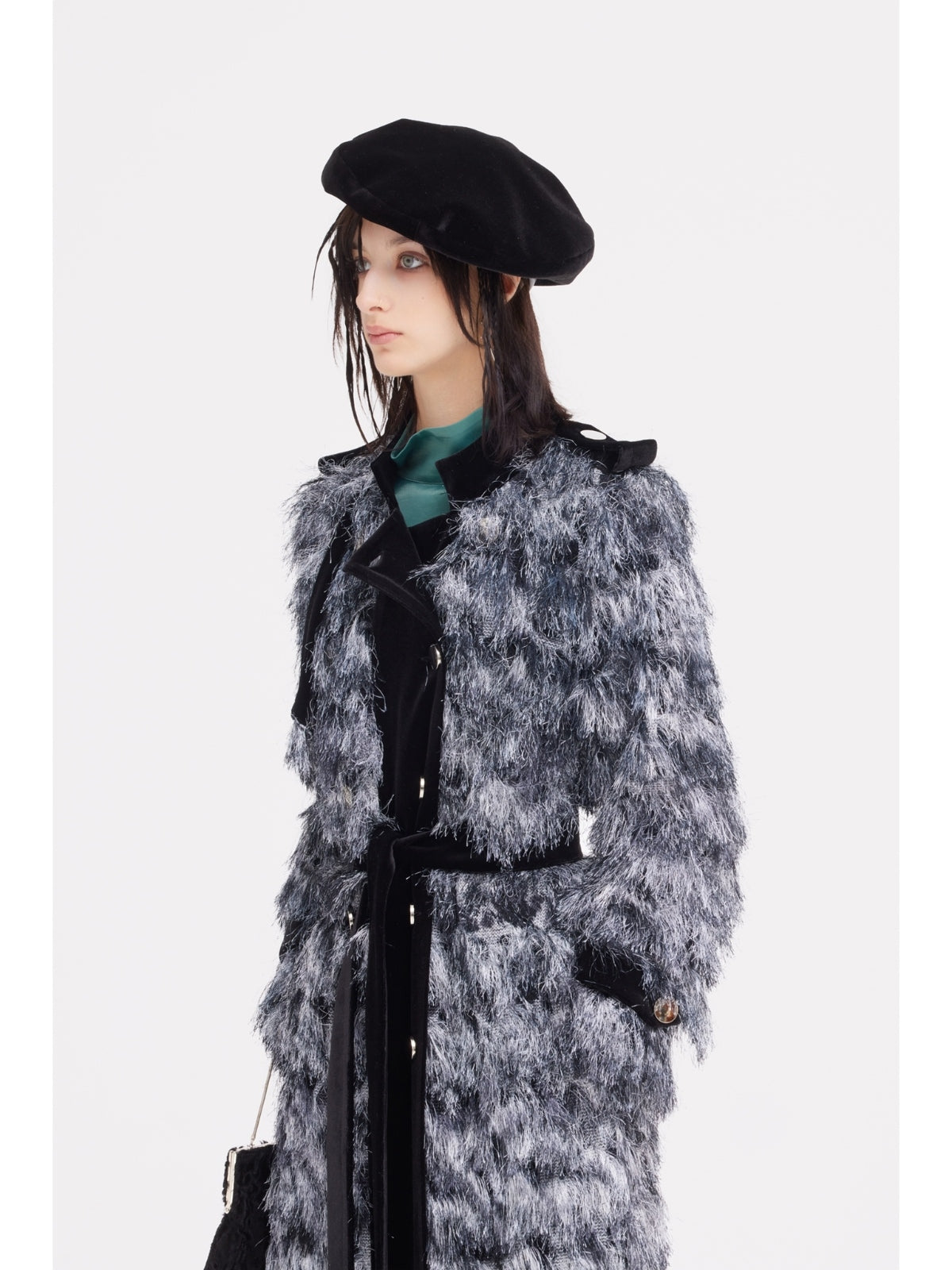 JULIA ALLERT fuzzy charcoal long coat with velvet waist detail, side view on model, buy at DOORS NYC