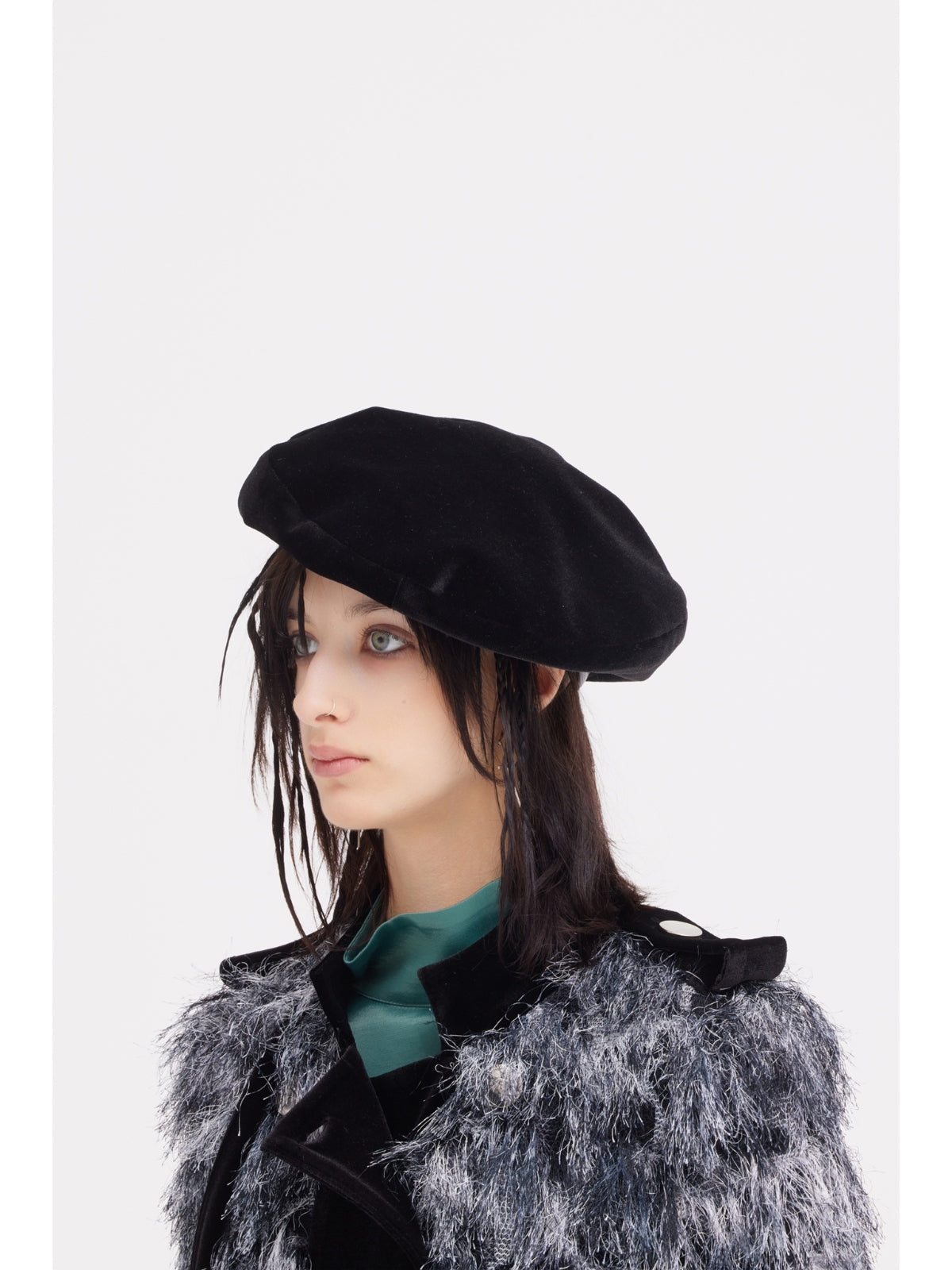 JULIA ALLERT charcoal grey textured coat, close-up with beret, buy at DOORS NYC