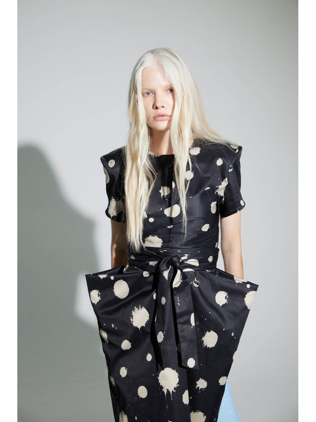 JULIA ALLERT black polka dot midi dress with belt, Capsule Edition, worn by model, buy at DOORS NYC
