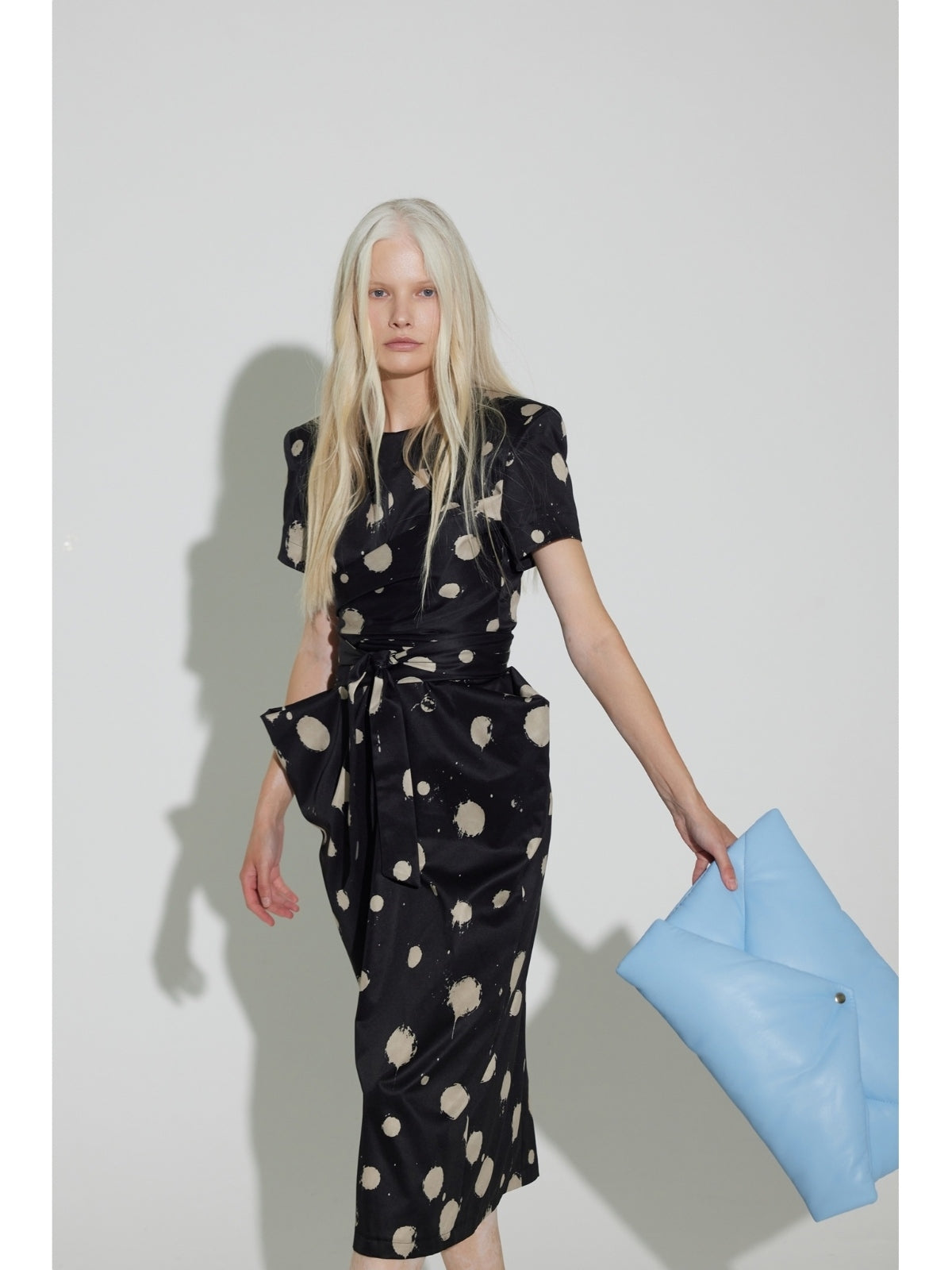 JULIA ALLERT black polka dot belted midi dress, front view on model, buy at DOORS NYC