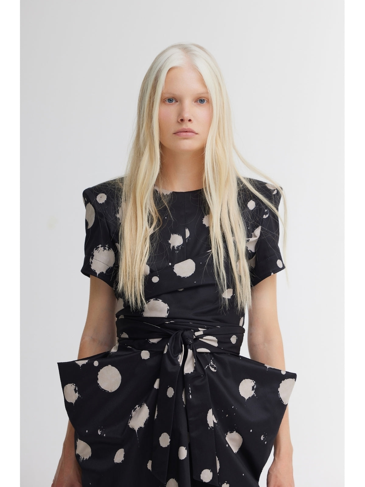 JULIA ALLERT polka dot midi dress with oversized bow belt, styled look, buy at DOORS NYC