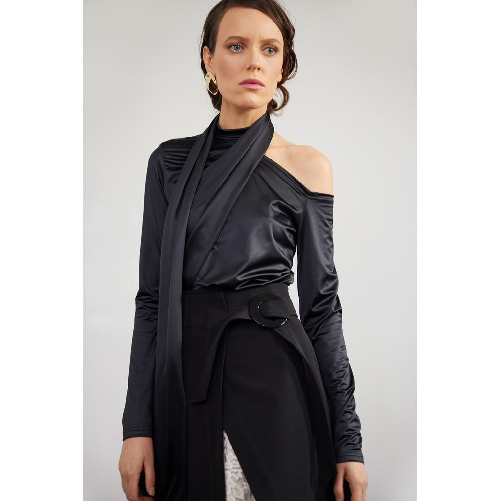 JULIA ALLERT - Draped Shoulder Long-Sleeve Blouse | Black, buy at DOORS NYC