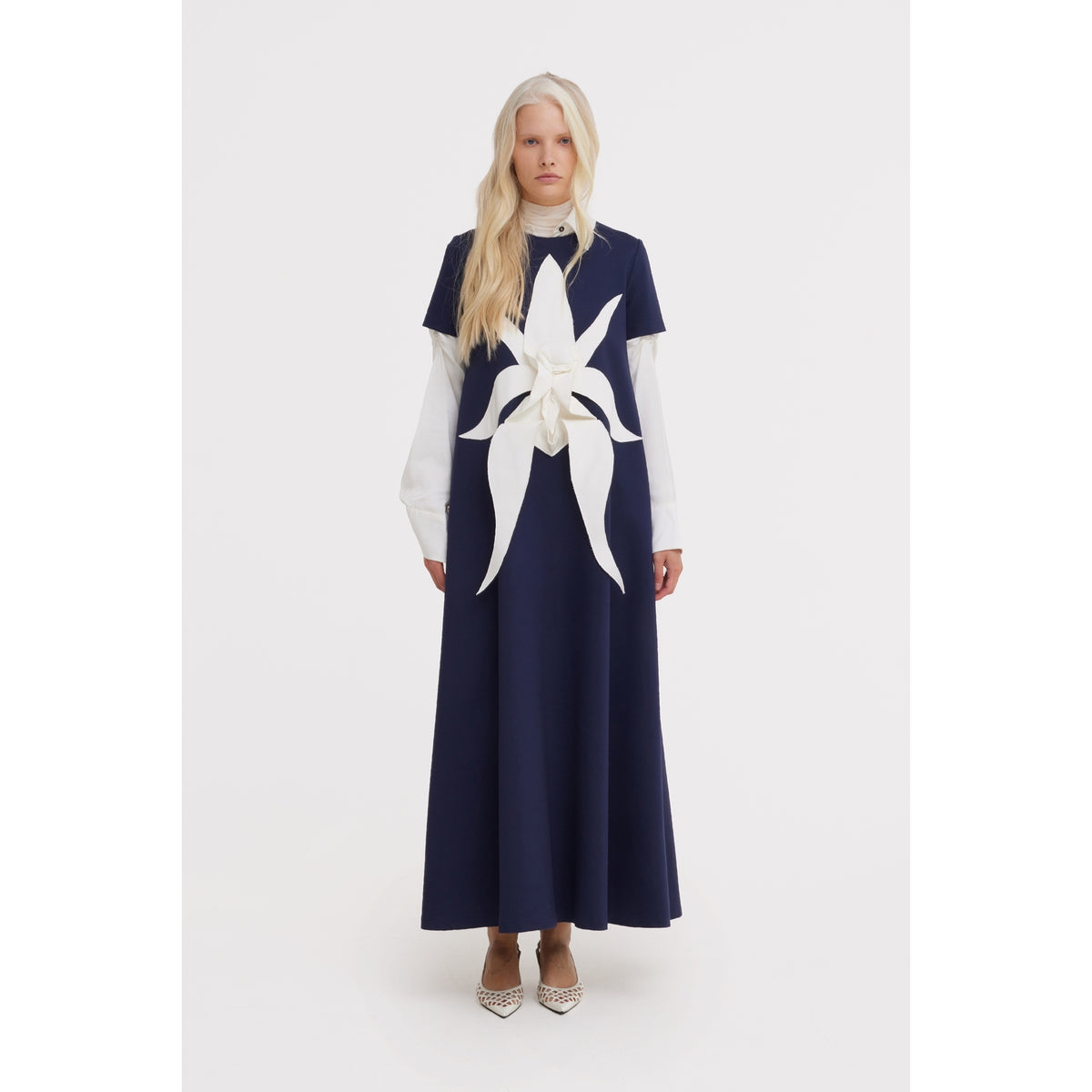 Ankle-Length Knit Dress With Flower Detail - Dark Blue