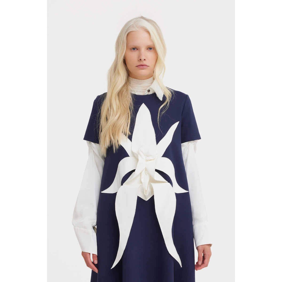 Ankle-Length Knit Dress With Flower Detail - Dark Blue