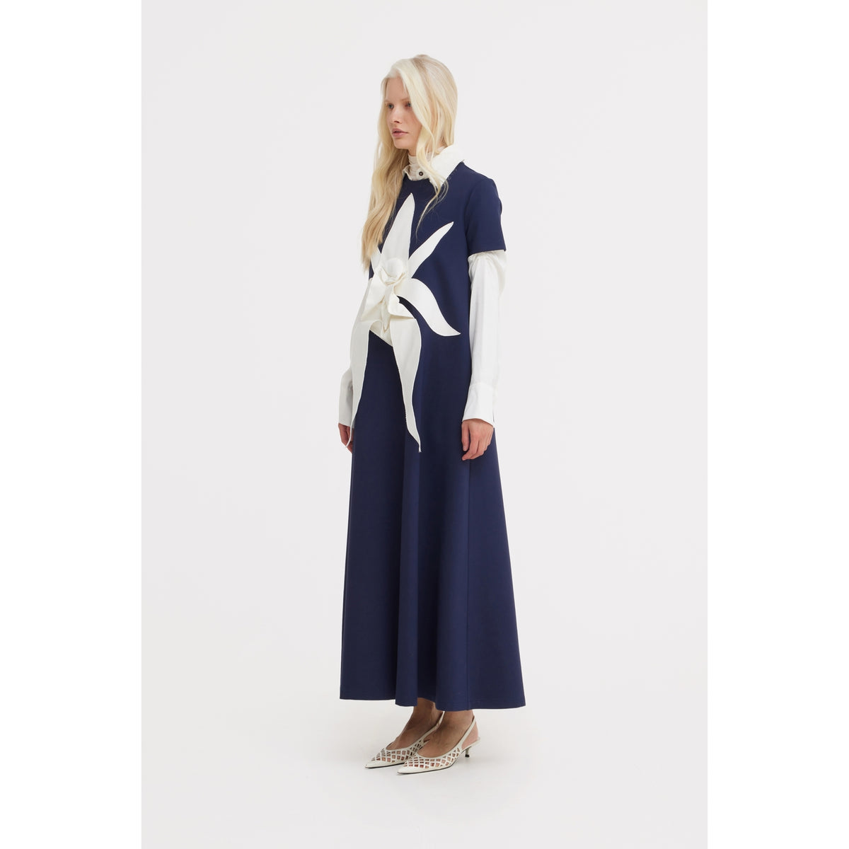 Ankle-Length Knit Dress With Flower Detail - Dark Blue