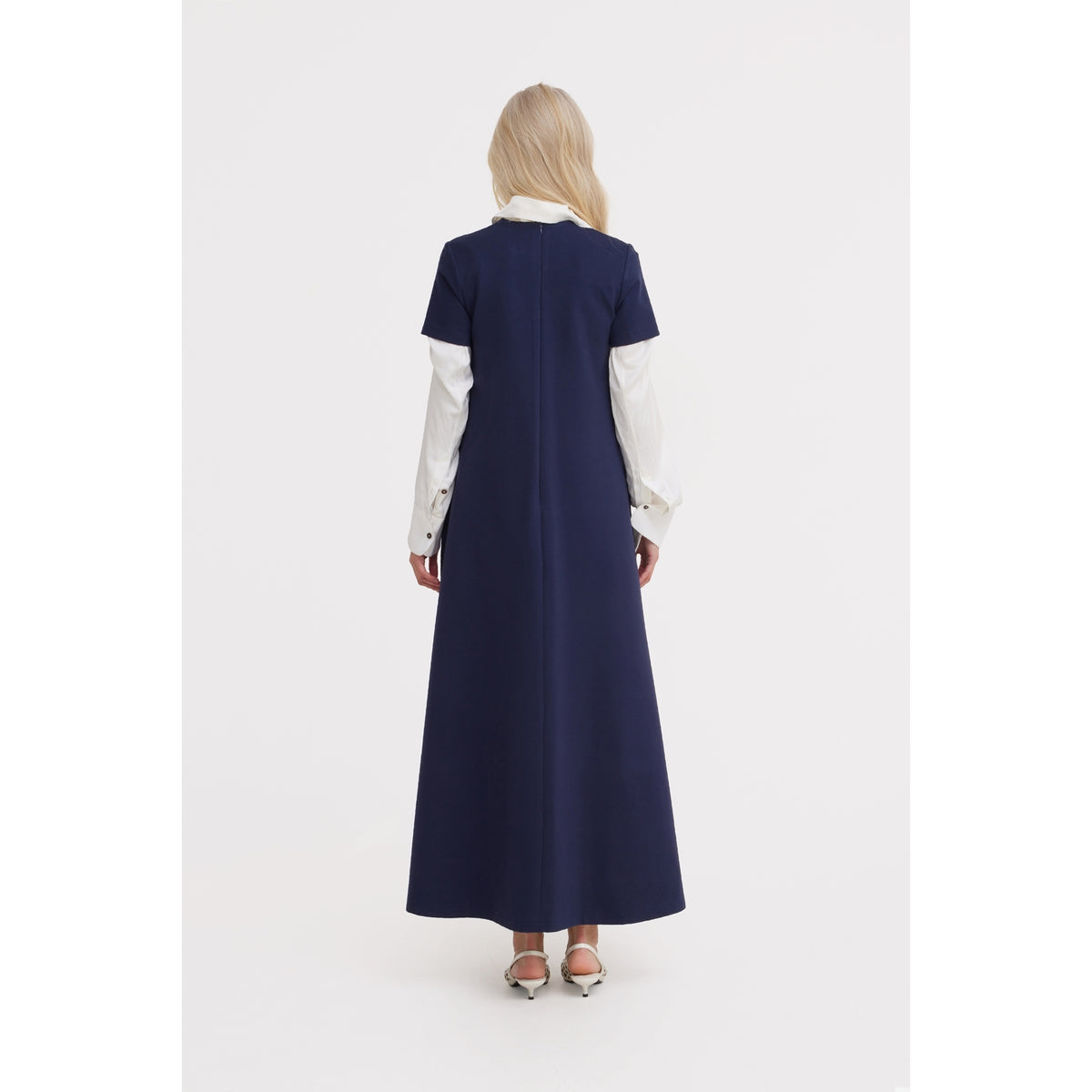 Ankle-Length Knit Dress With Flower Detail - Dark Blue