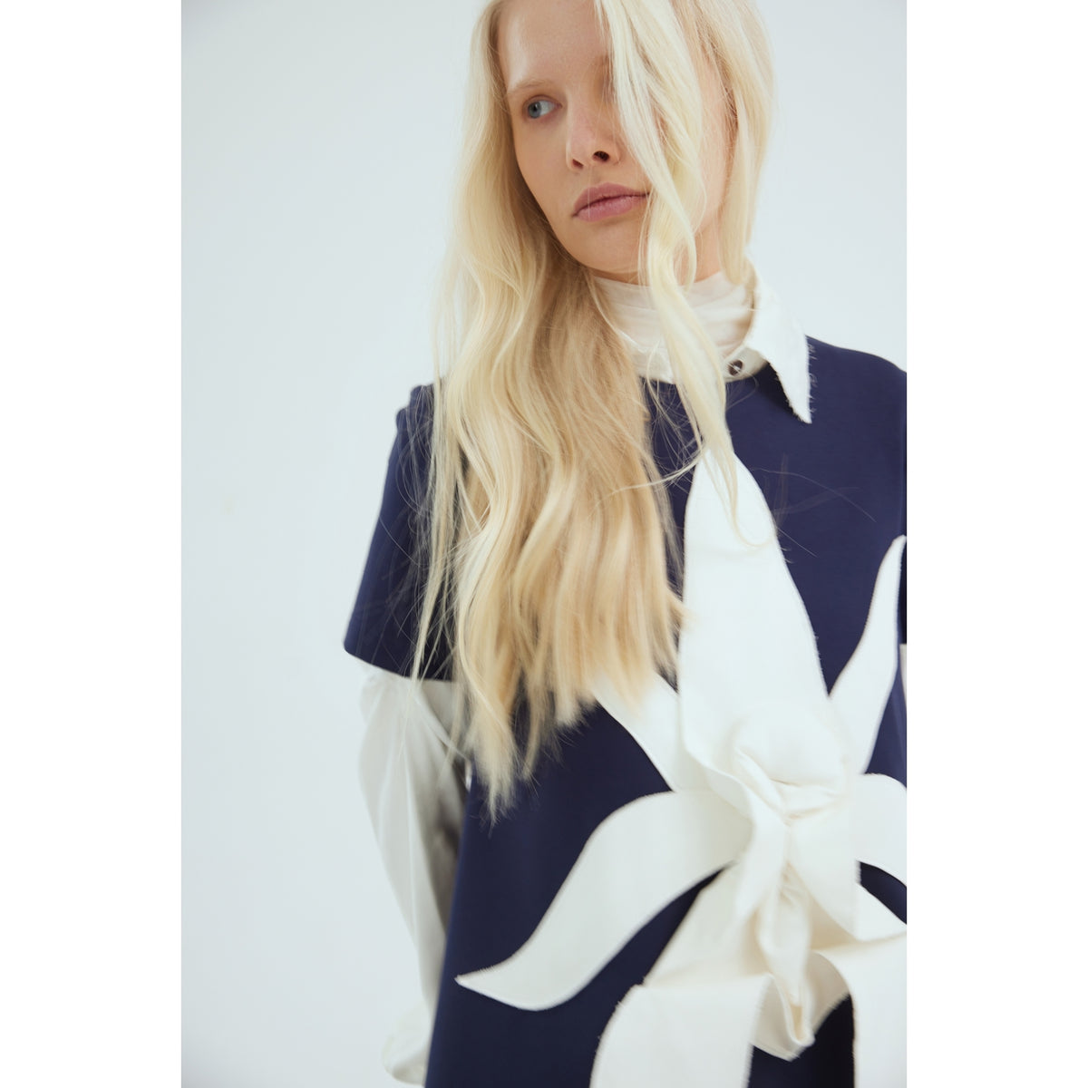 Ankle-Length Knit Dress With Flower Detail - Dark Blue