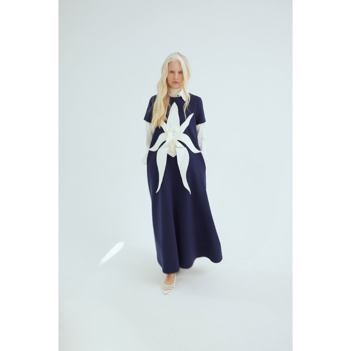 Ankle-Length Knit Dress With Flower Detail - Dark Blue