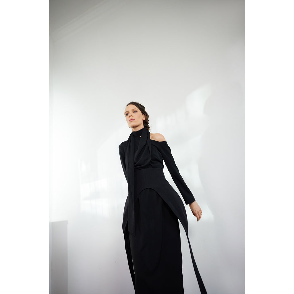 JULIA ALLERT - Elegant Evening Open Shoulder Midi Dress | Black, buy at DOORS NYC