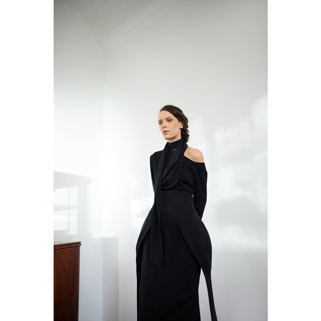 JULIA ALLERT - Elegant Evening Open Shoulder Midi Dress | Black, buy at DOORS NYC