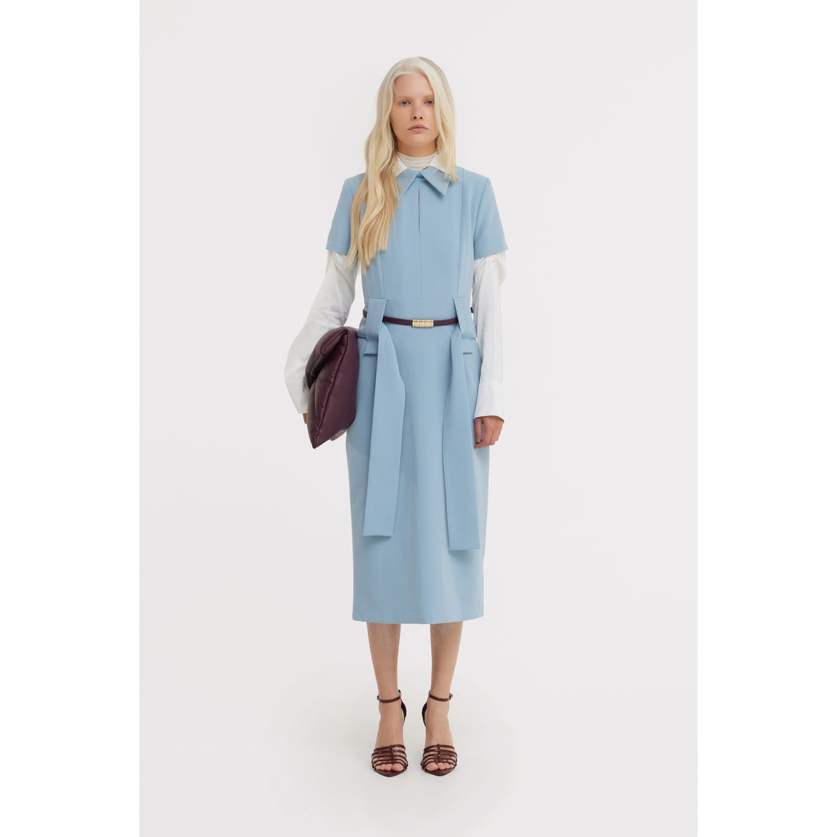 Short Sleeve Midi Dress With Belt - Light Blue