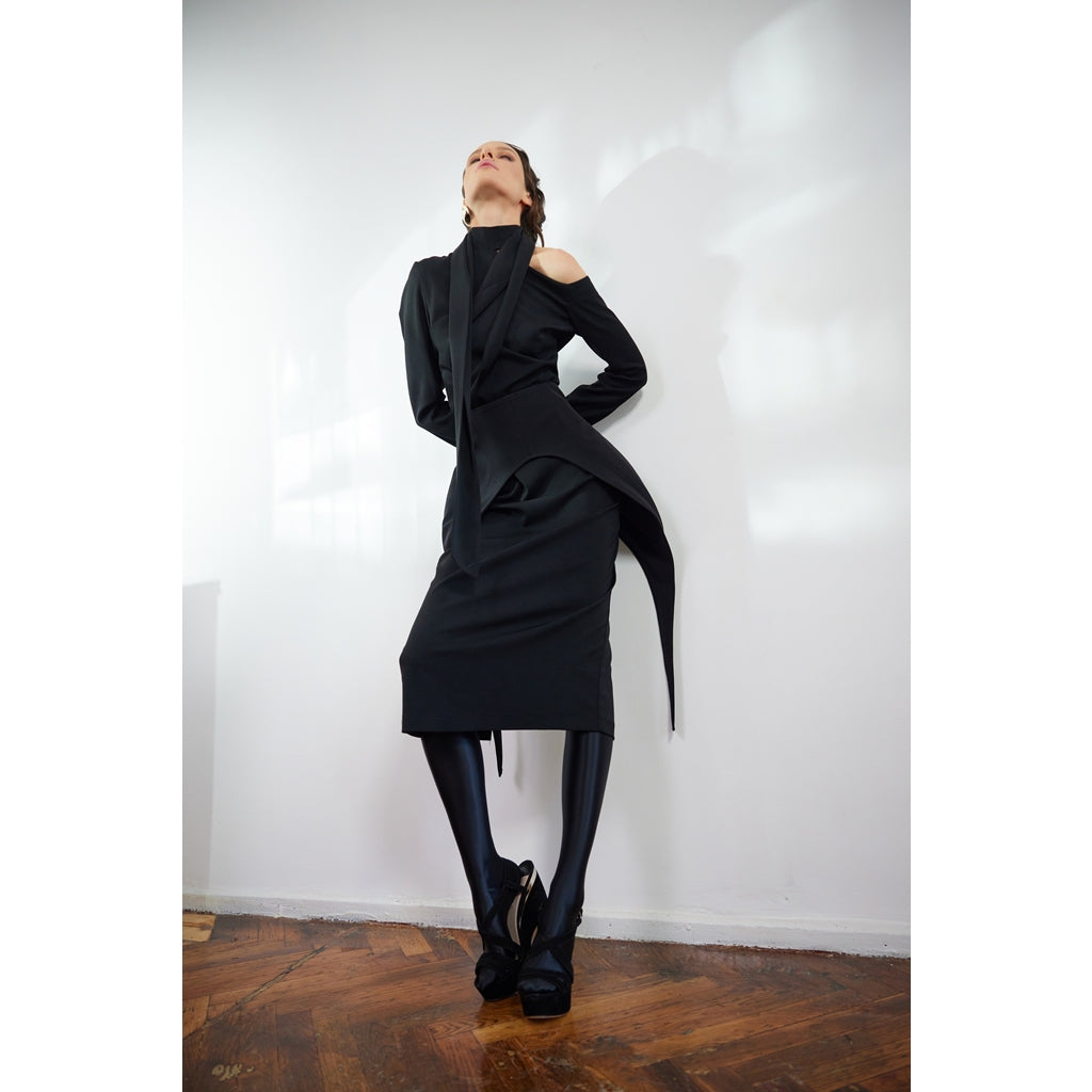 JULIA ALLERT - Elegant Evening Open Shoulder Midi Dress | Black, buy at DOORS NYC