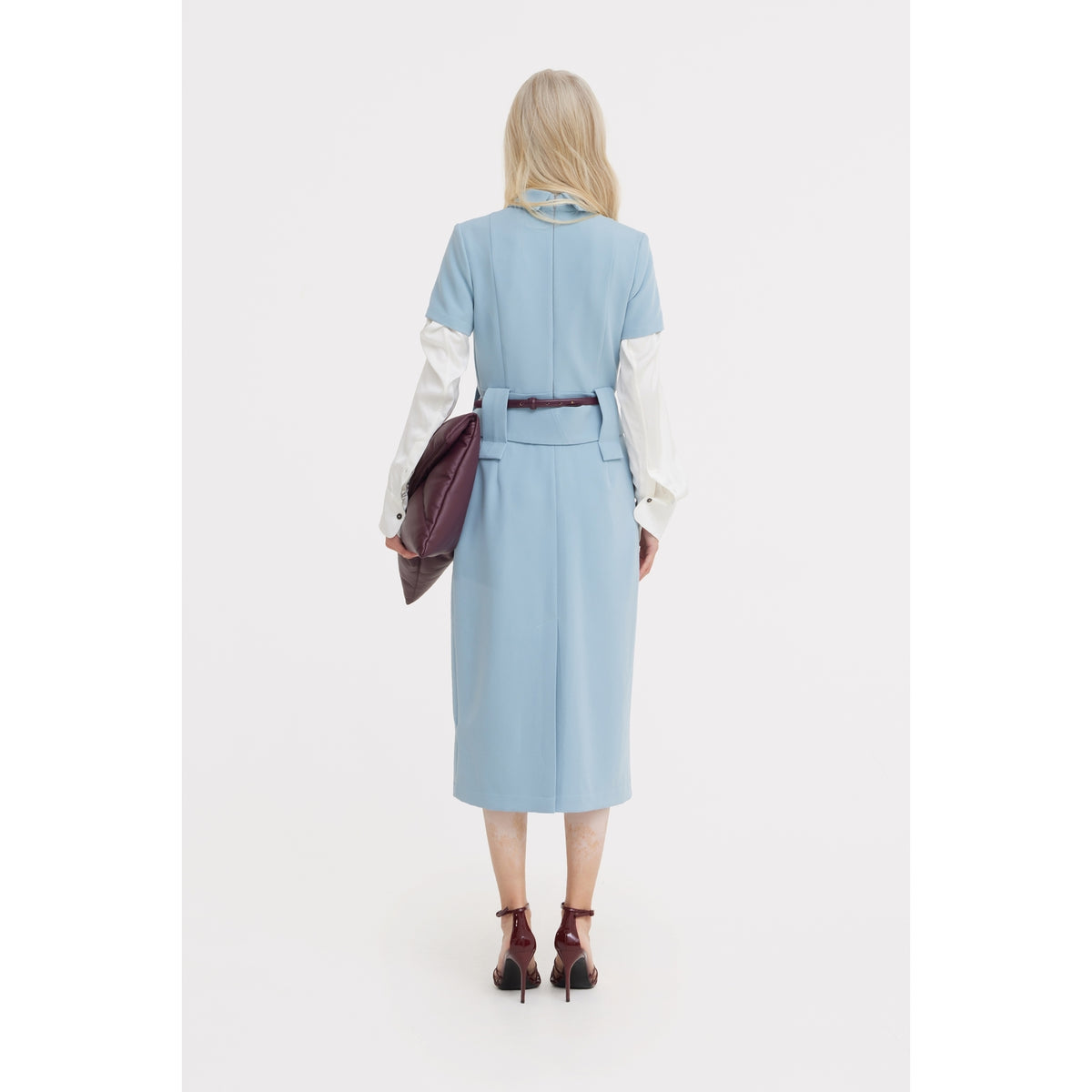 Short Sleeve Midi Dress With Belt - Light Blue