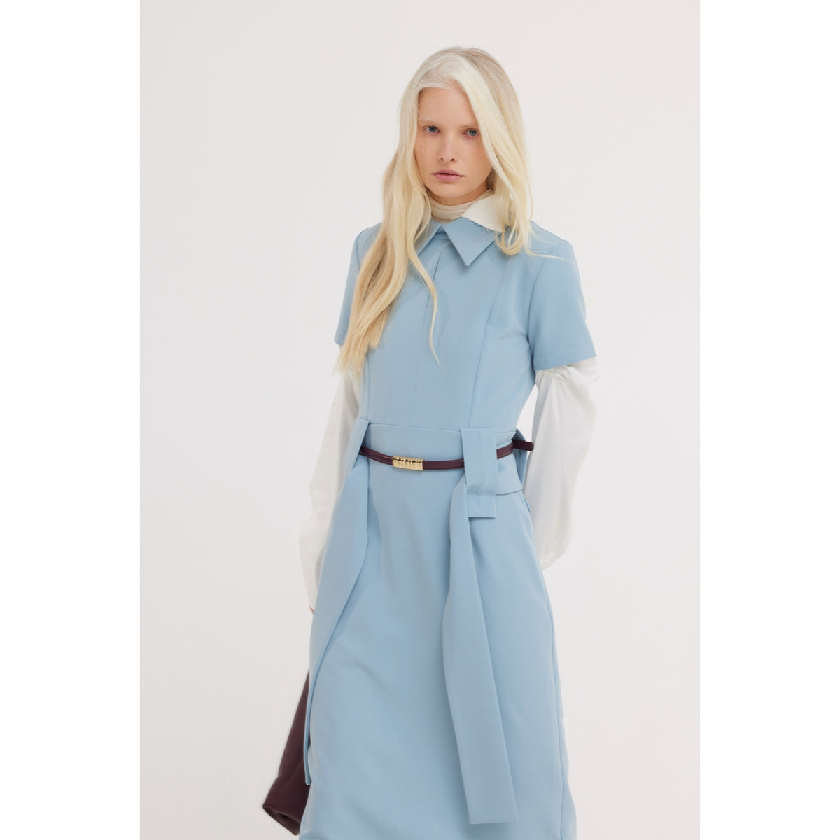 Short Sleeve Midi Dress With Belt - Light Blue