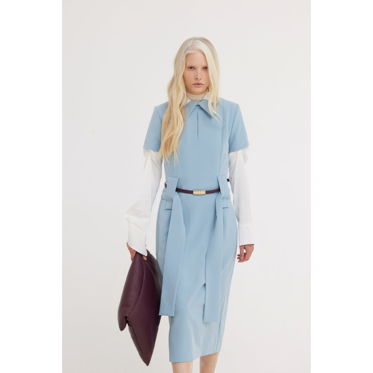 Short Sleeve Midi Dress With Belt - Light Blue