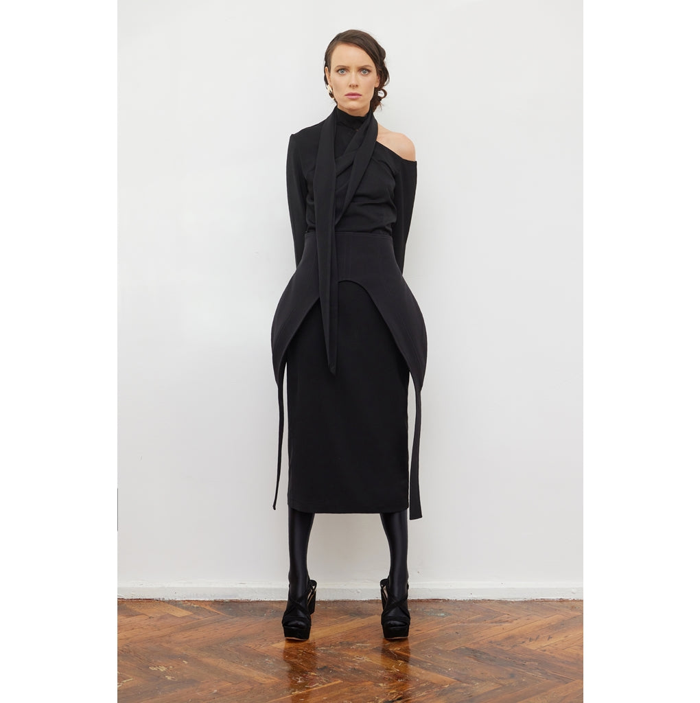 JULIA ALLERT - Elegant Evening Open Shoulder Midi Dress | Black, buy at DOORS NYC