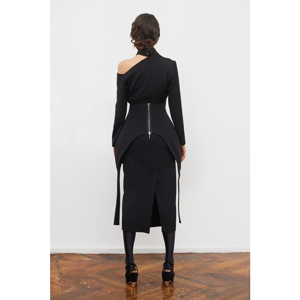 JULIA ALLERT - Elegant Evening Open Shoulder Midi Dress | Black, buy at DOORS NYC