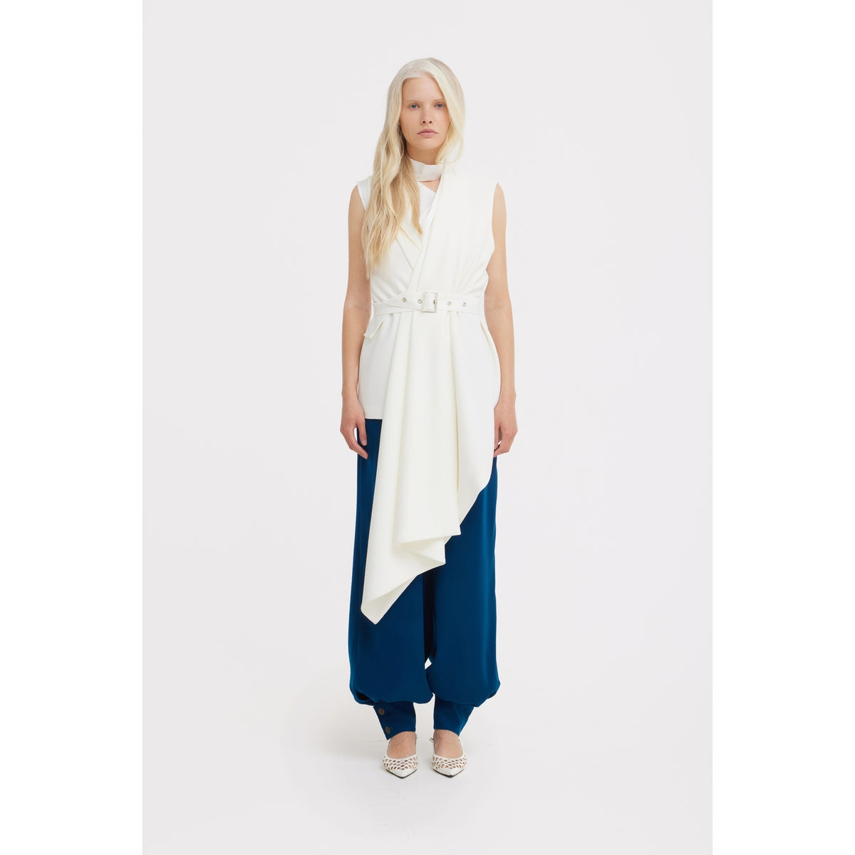 Asymmetrical Sleeveless Blazer - Ecru