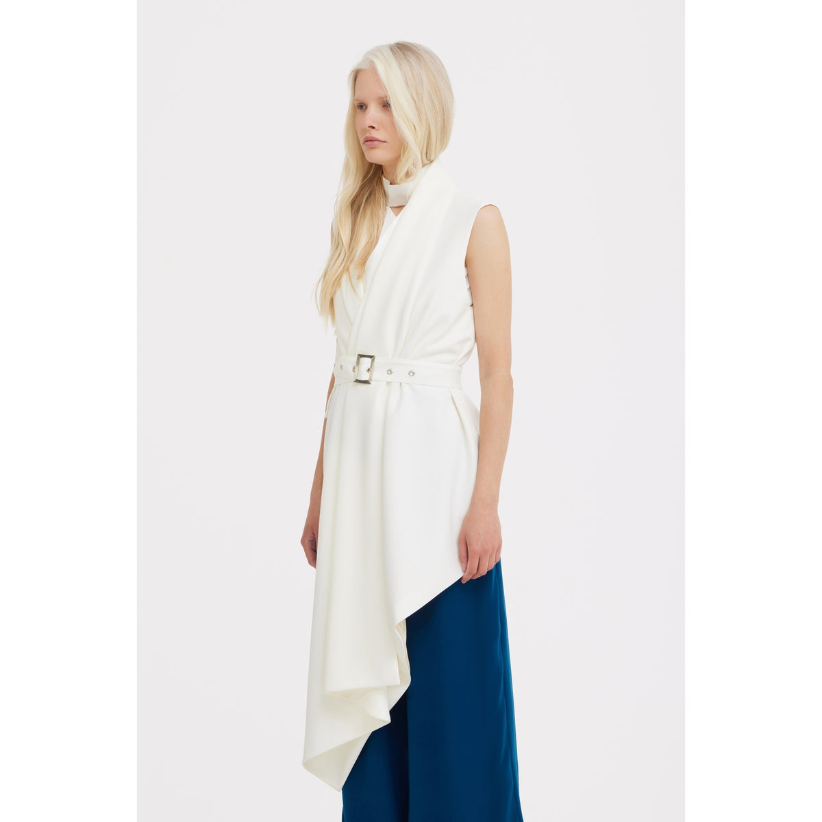 Asymmetrical Sleeveless Blazer - Ecru