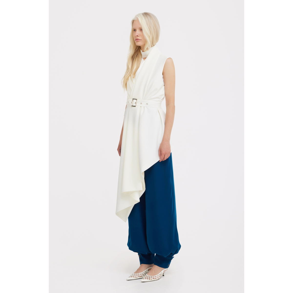 Asymmetrical Sleeveless Blazer - Ecru