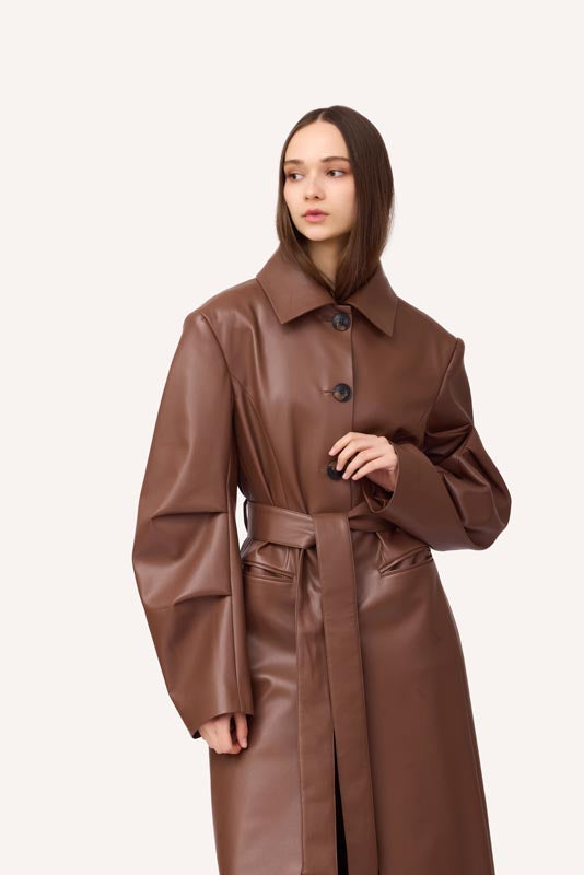 SOTROPA - Trench Coat Eco Leather Brown, PR Sample at DOORS NYC PR showroom