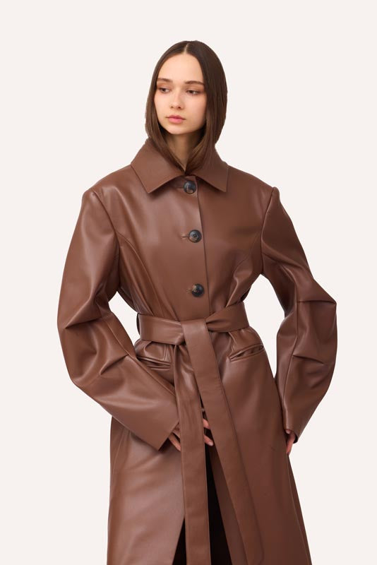 SOTROPA - Trench Coat Eco Leather Brown, PR Sample at DOORS NYC PR showroom