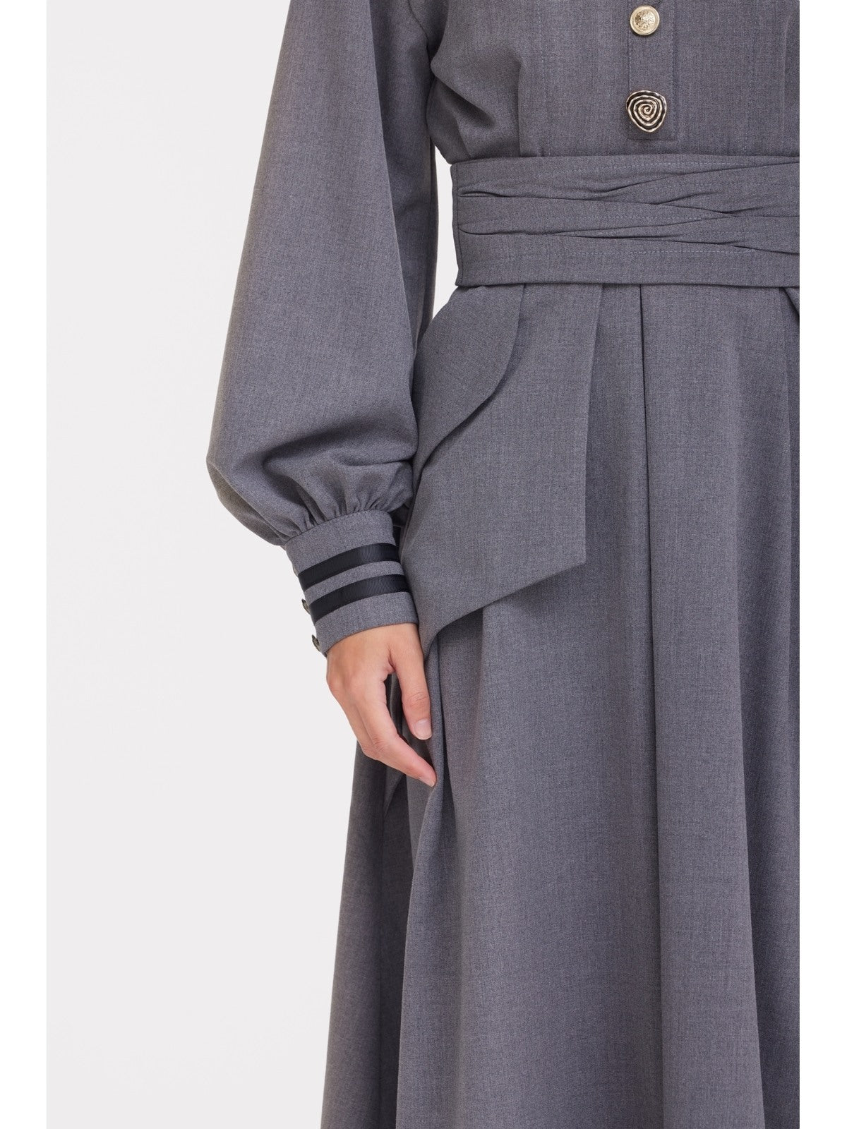 Double-Collar Belted A-Line Midi Dress | Grey