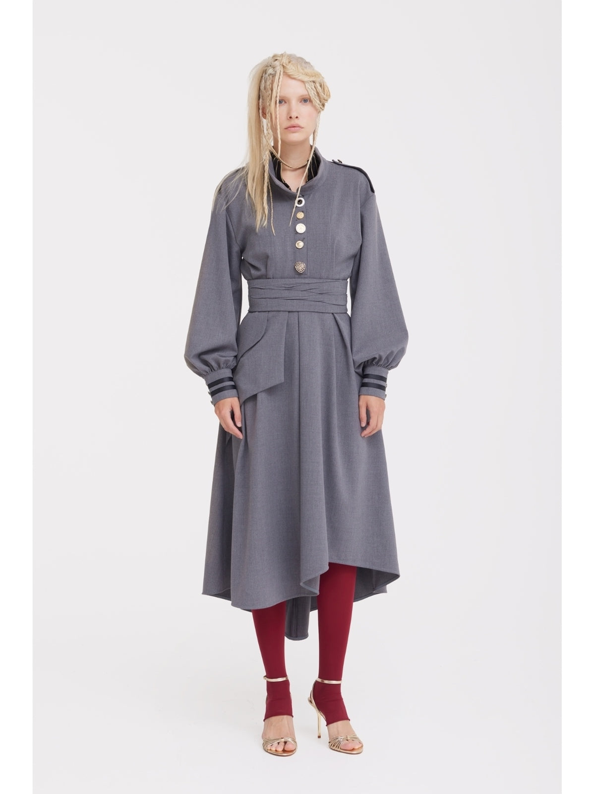 Double-Collar Belted A-Line Midi Dress | Grey