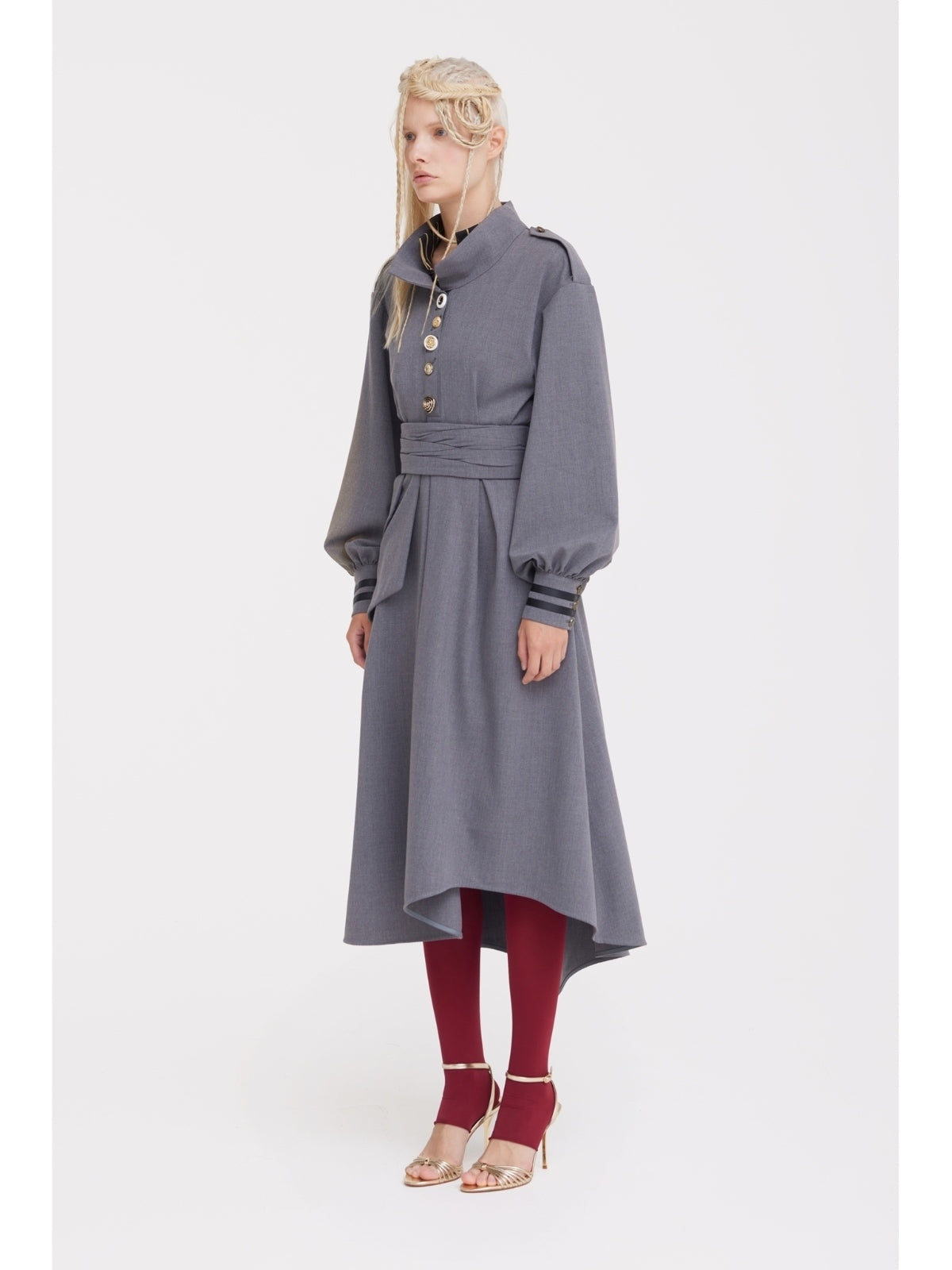 Double-Collar Belted A-Line Midi Dress | Grey