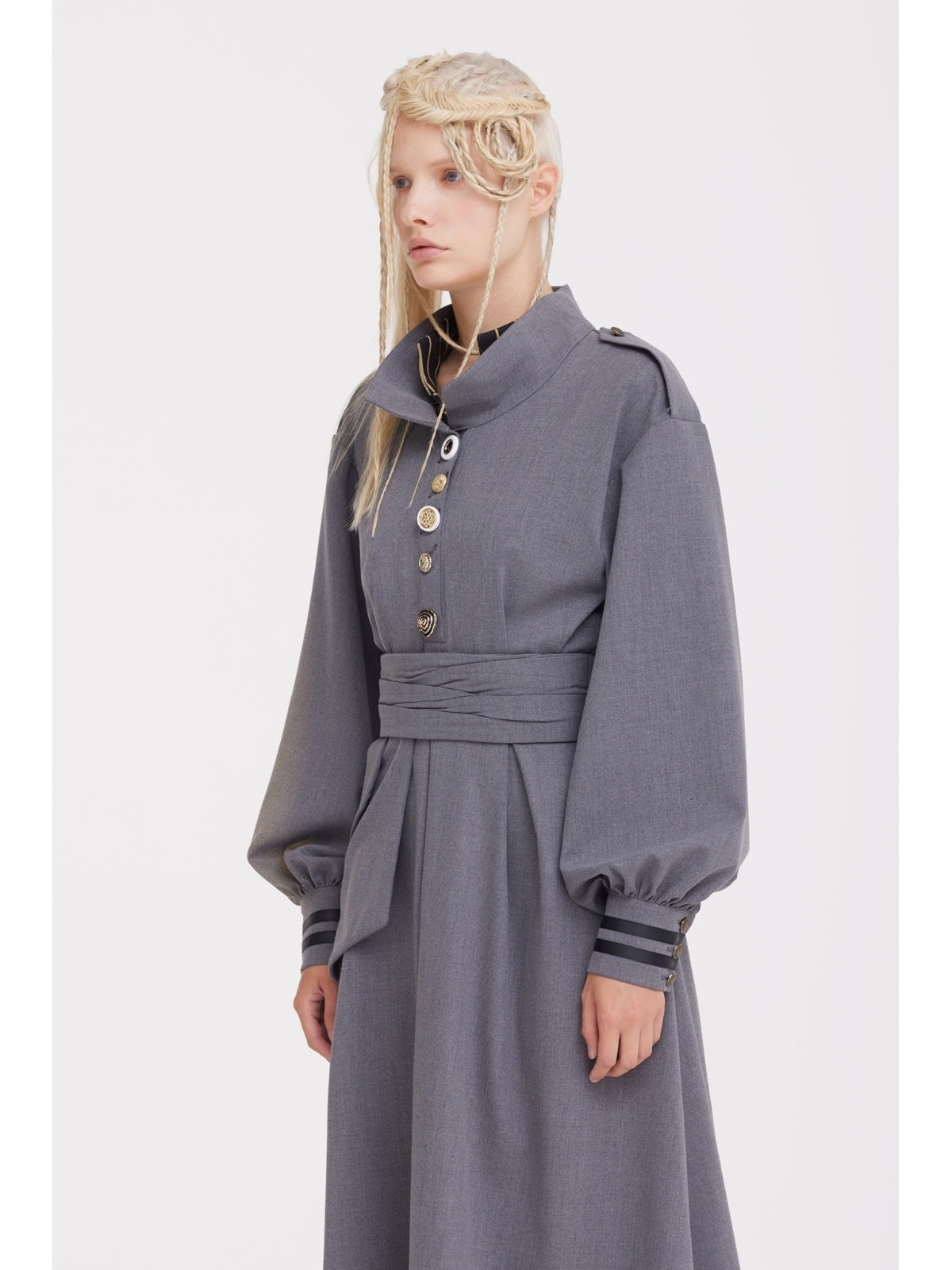 Double-Collar Belted A-Line Midi Dress | Grey