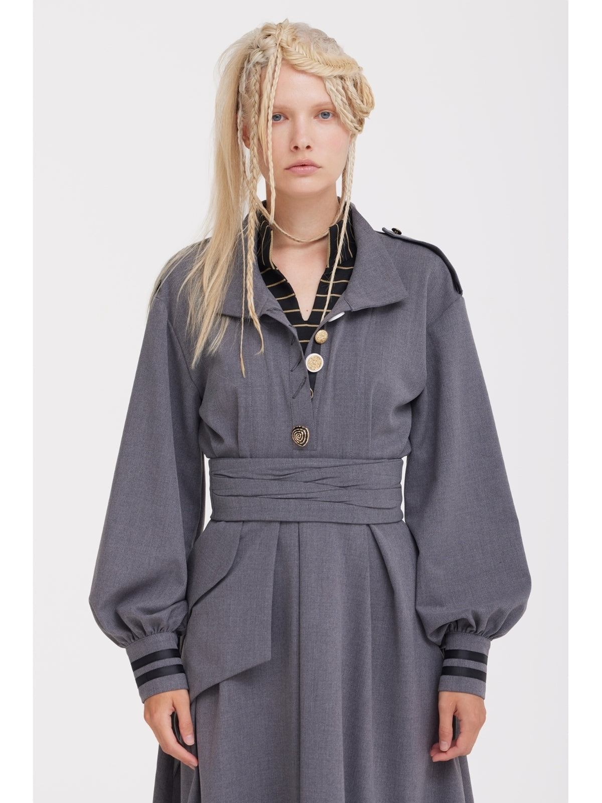 Double-Collar Belted A-Line Midi Dress | Grey