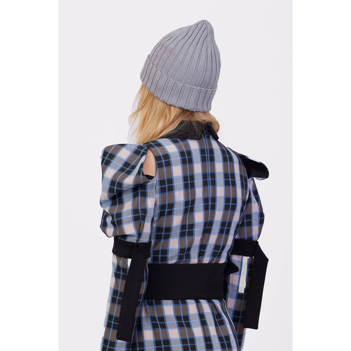 Stylish Cold Shoulder Long Sleeve Dress With Belt Blue Check