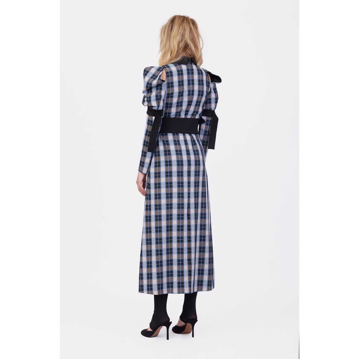 Stylish Cold Shoulder Long Sleeve Dress With Belt Blue Check