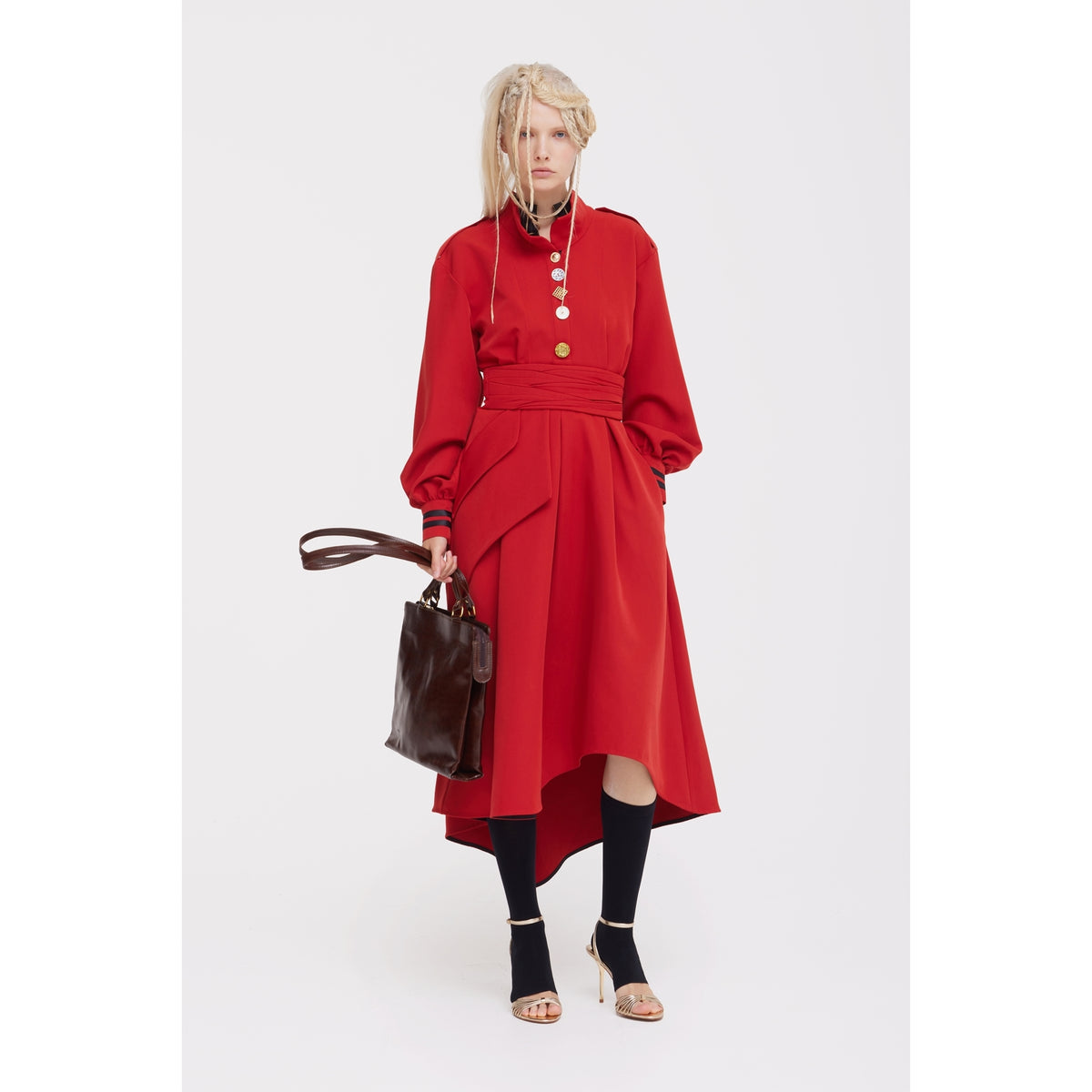 JULIA ALLERT red double-collar midi dress with layered asymmetric panel, side view, buy at DOORS NYC