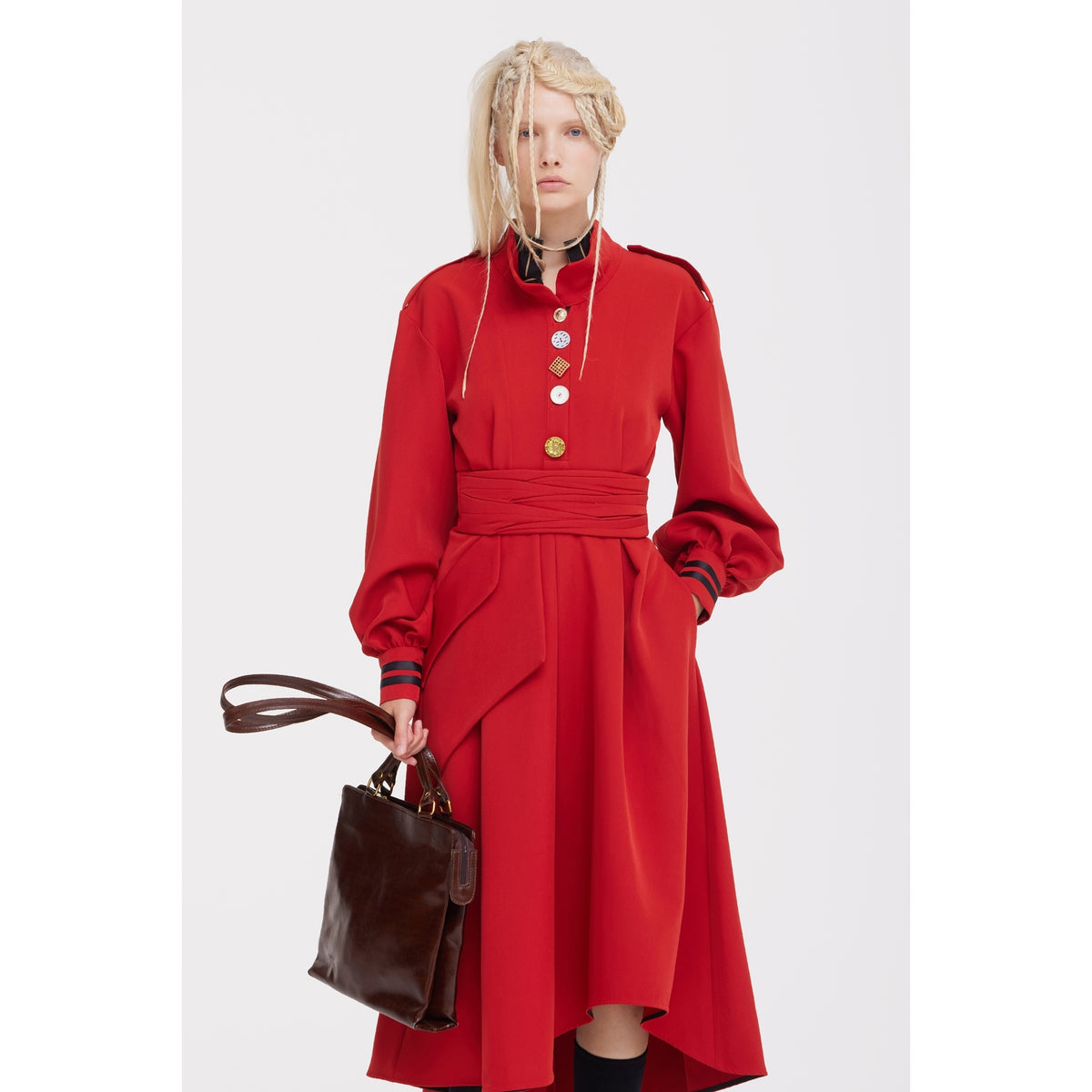 JULIA ALLERT red tailored midi dress with epaulettes and gold buttons, styled look, buy at DOORS NYC