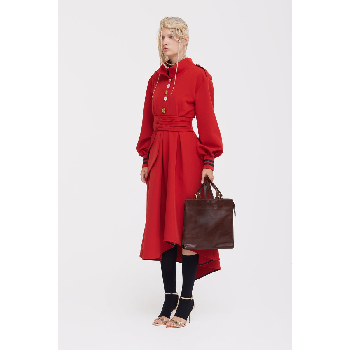 JULIA ALLERT red midi dress full-length look with dark boots, buy at DOORS NYC