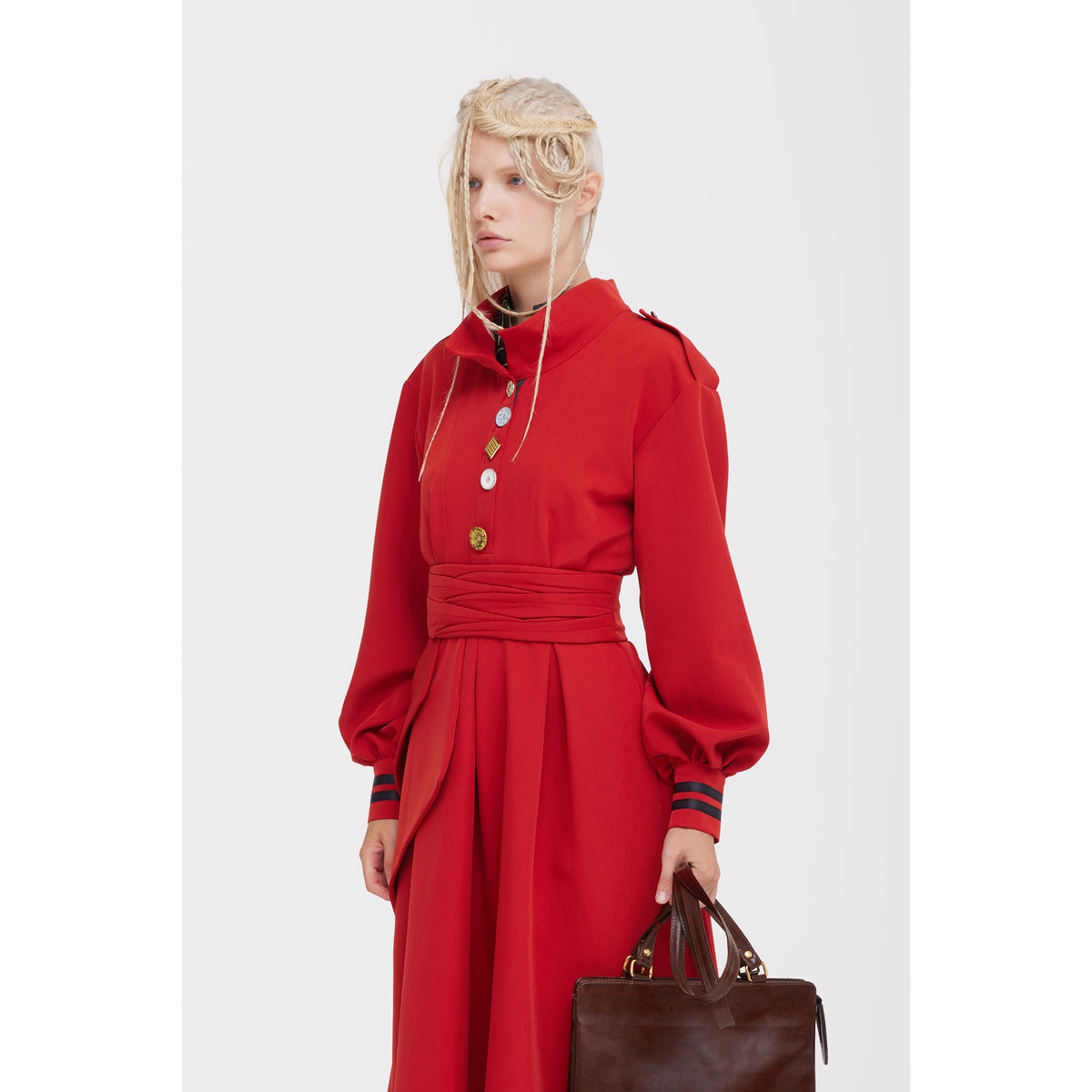 JULIA ALLERT red belted A-line dress with gathered cuffs, worn by model, buy at DOORS NYC
