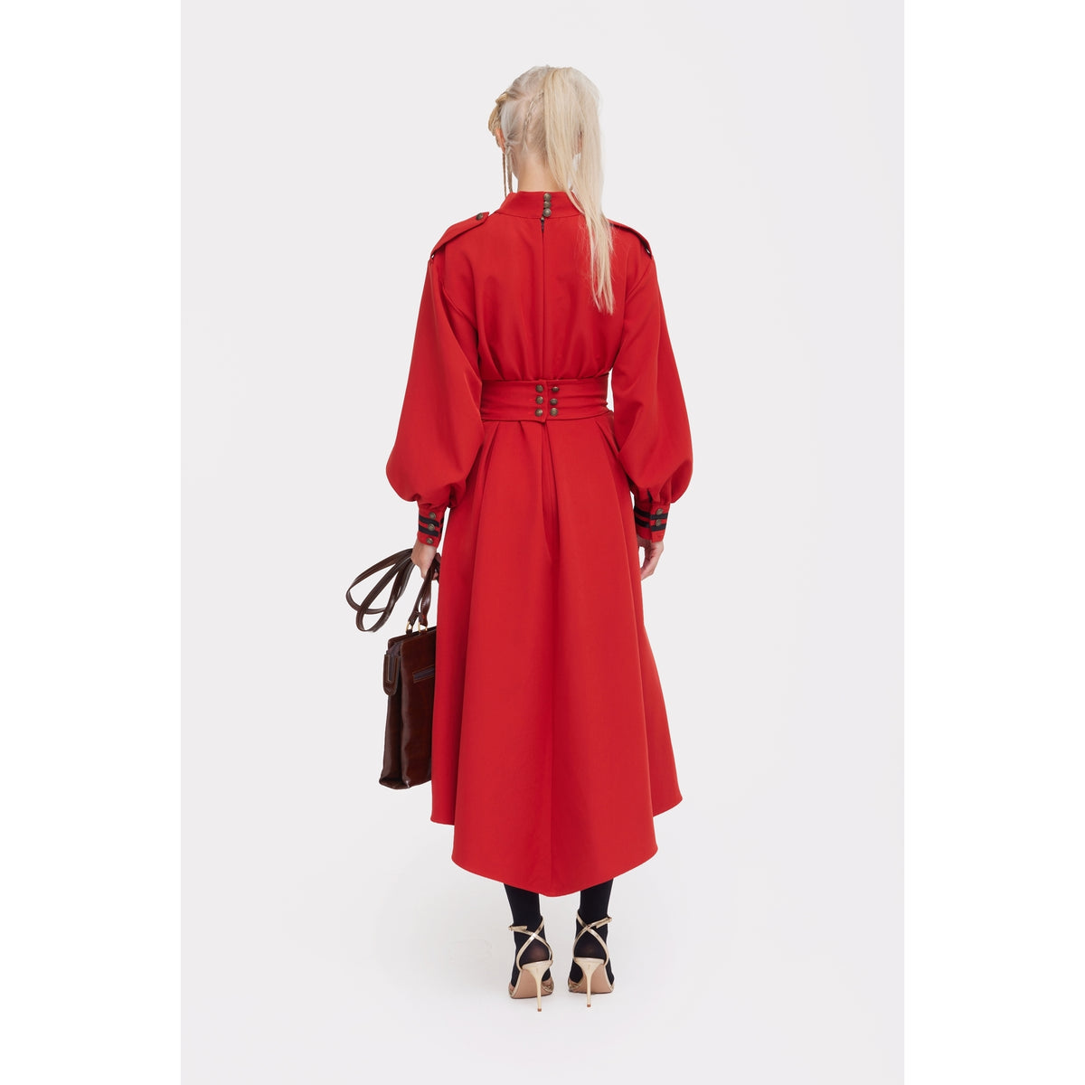 JULIA ALLERT red A-line midi dress with asymmetric hem, worn by model, back view, buy at DOORS NYC