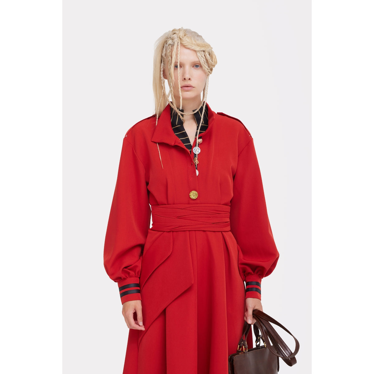 JULIA ALLERT red buttoned belted midi dress worn by model with brown bag, buy at DOORS NYC