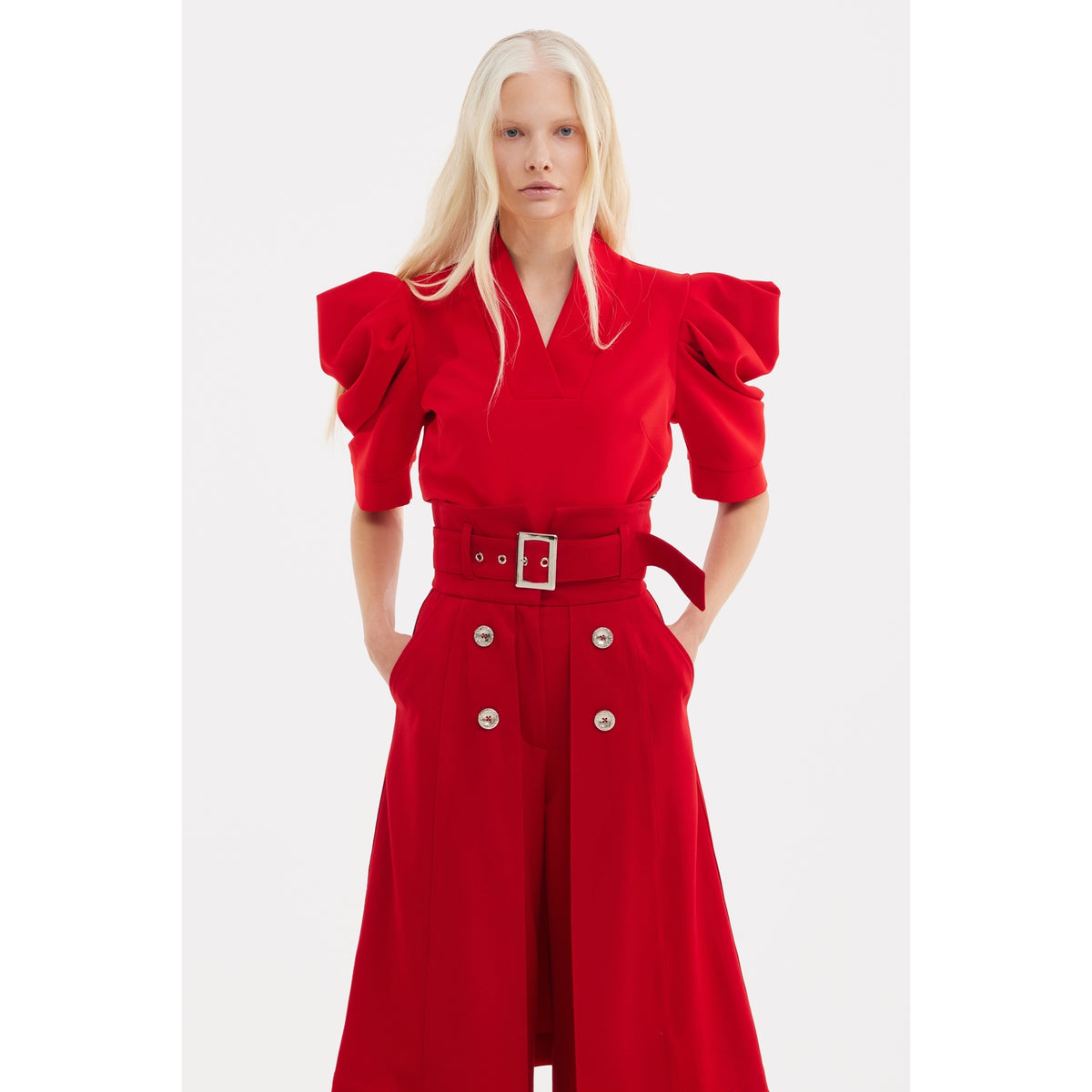 V-Neck Puff Sleeve Top - Red