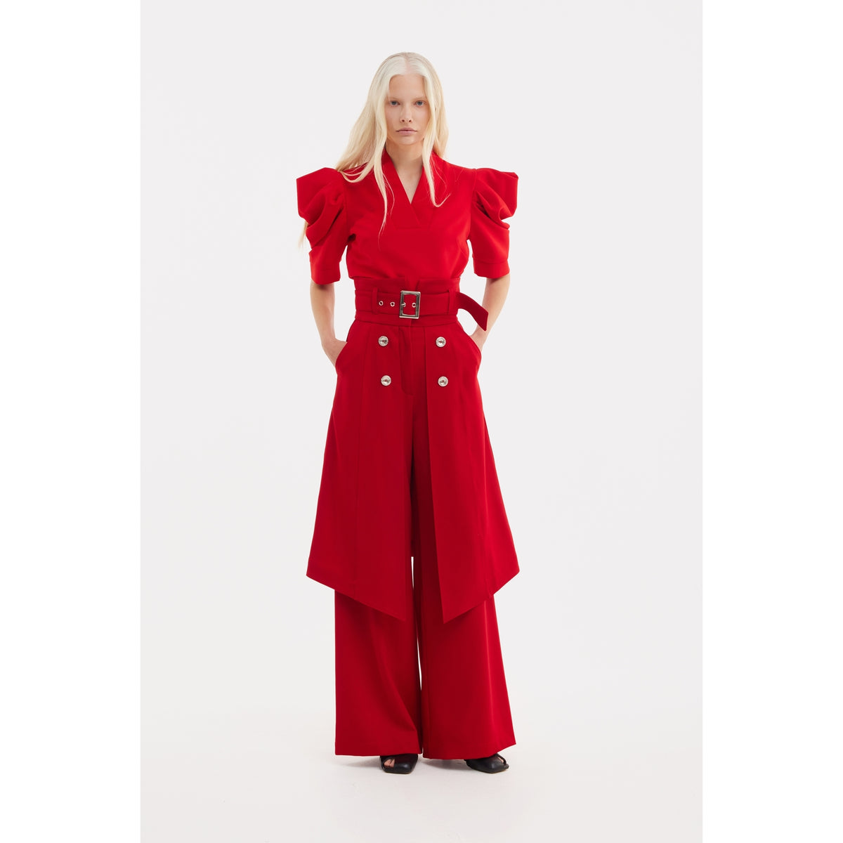V-Neck Puff Sleeve Top - Red