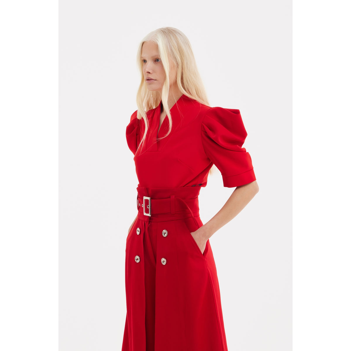 V-Neck Puff Sleeve Top - Red