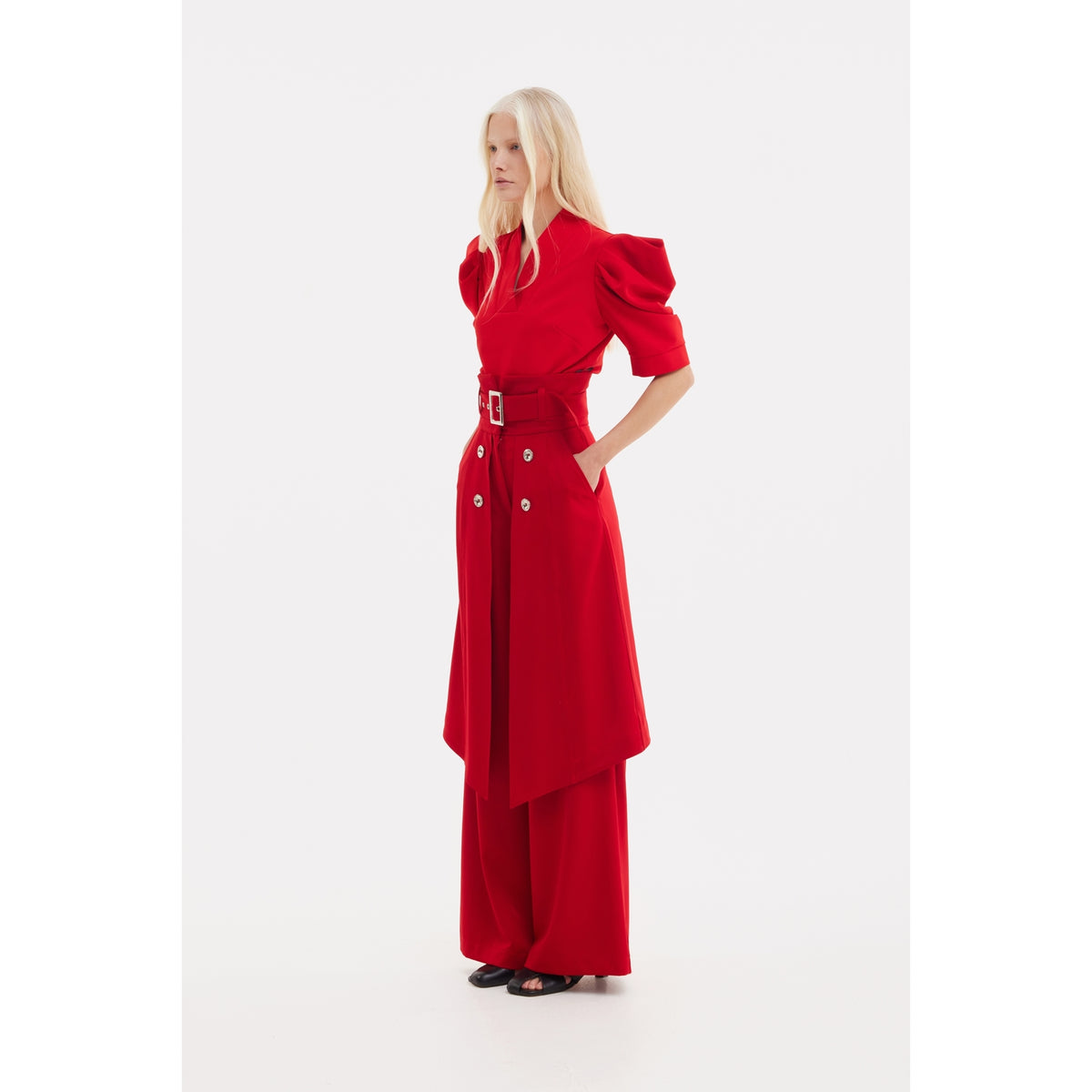 V-Neck Puff Sleeve Top - Red